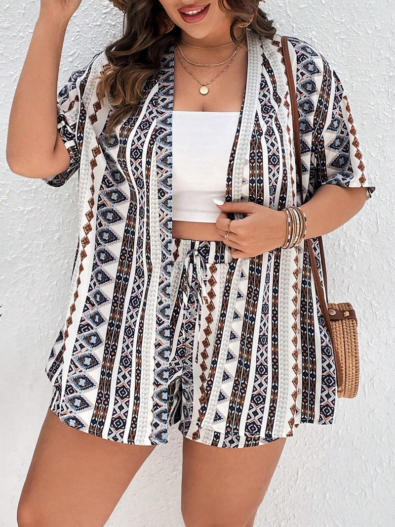 Conjunto Casual de Verão Plus Size com Camisa Listrada e Shorts Isabella