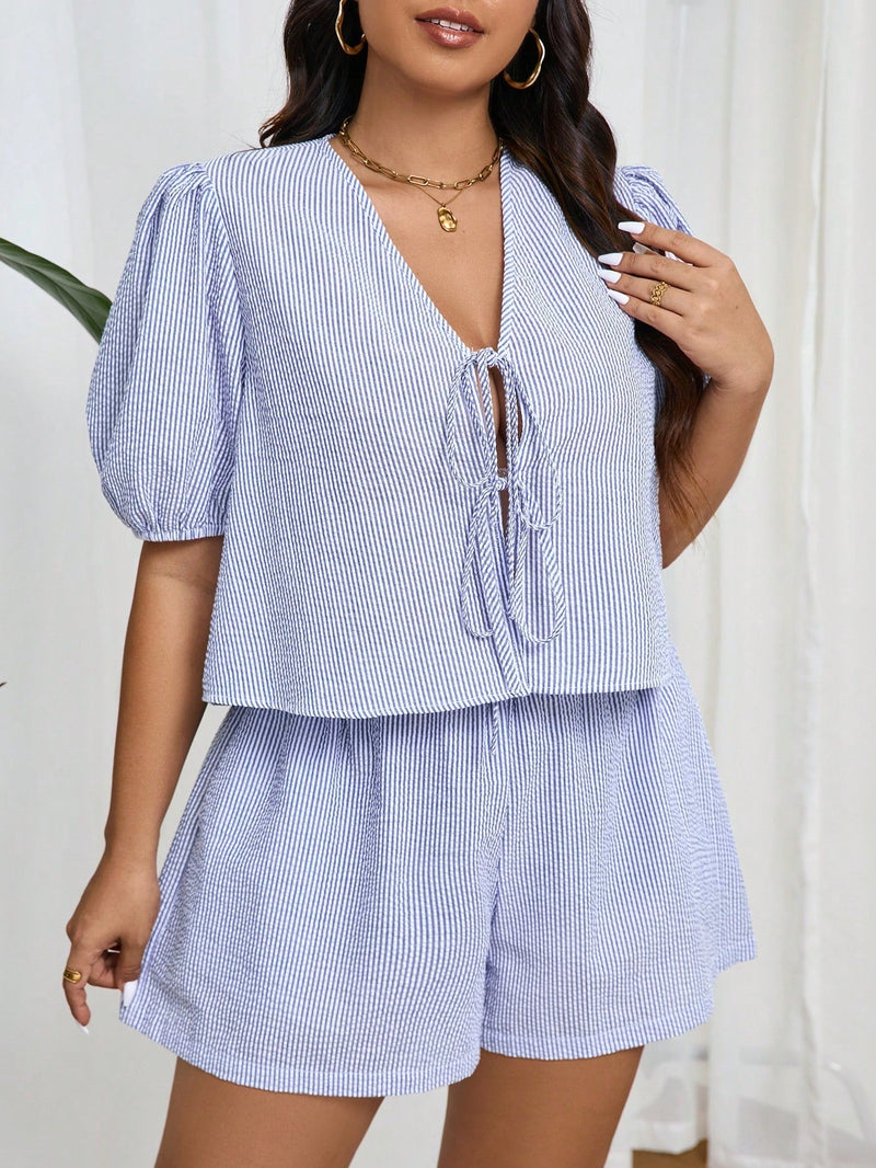 Conjunto Plus Size Listrado de Verão com Camisa e Shorts Beatriz