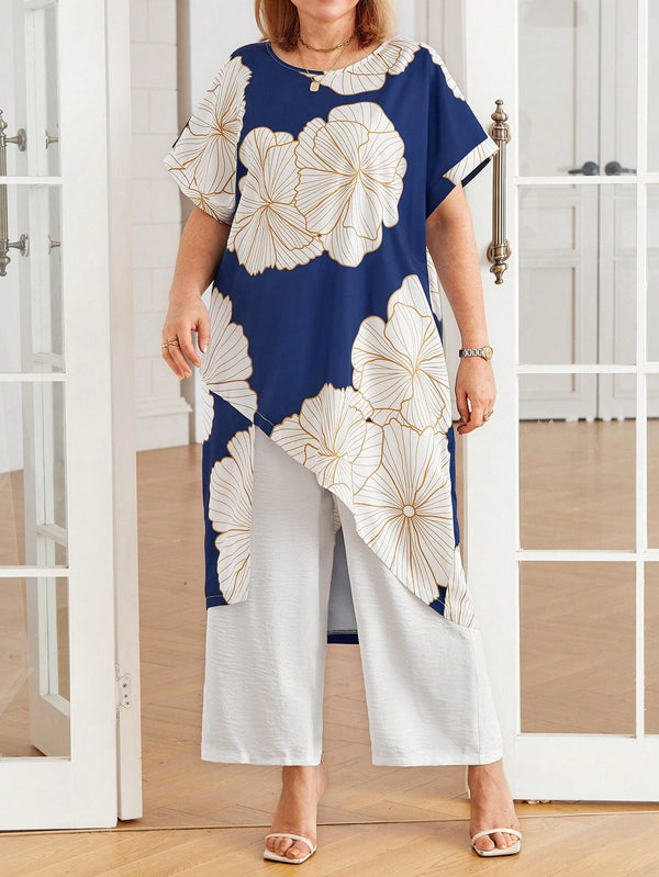 Conjunto com blusa estampada assimétrica Flavia