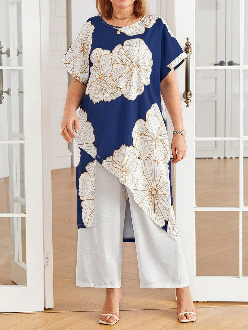 Conjunto com blusa estampada assimétrica Flavia