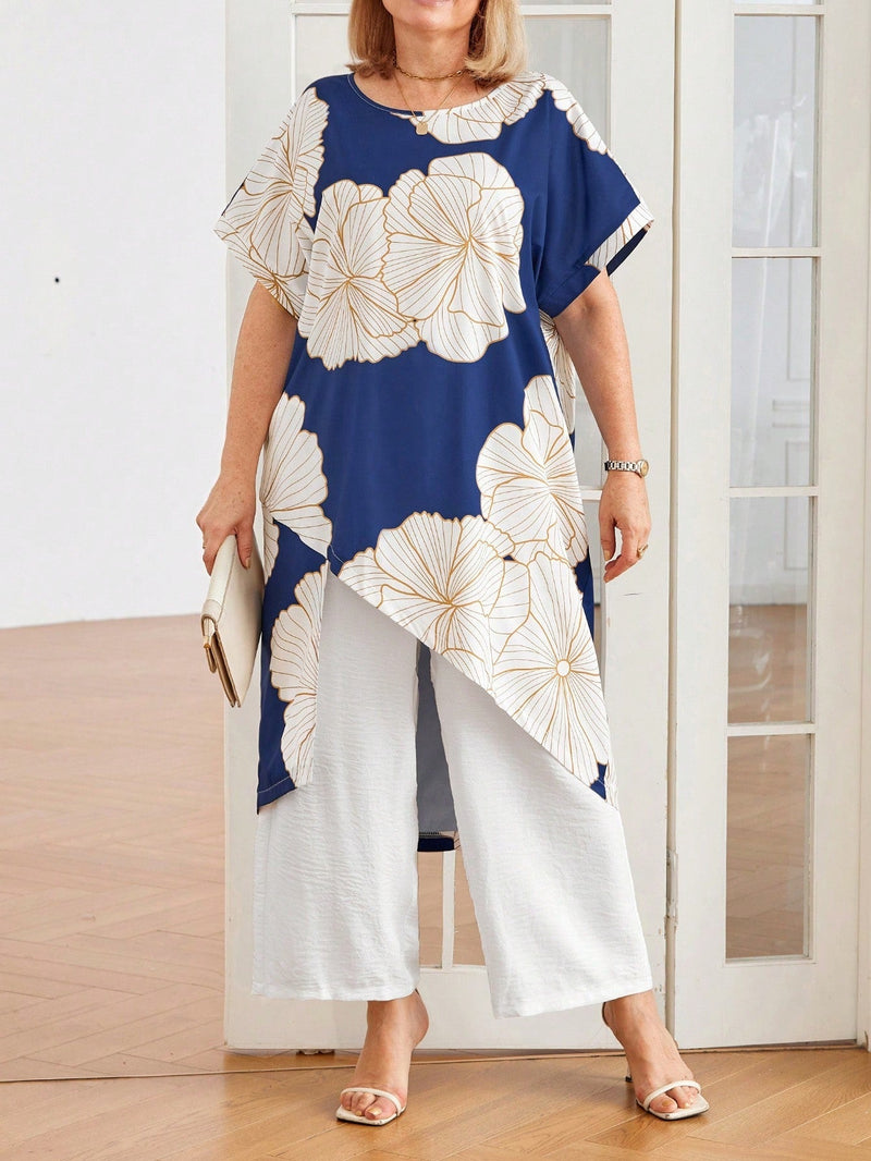 Conjunto com blusa estampada assimétrica Flavia