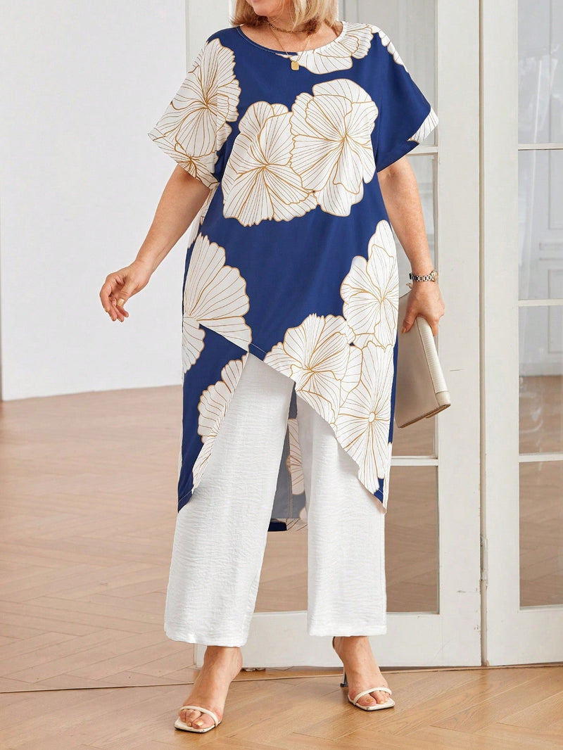 Conjunto com blusa estampada assimétrica Flavia