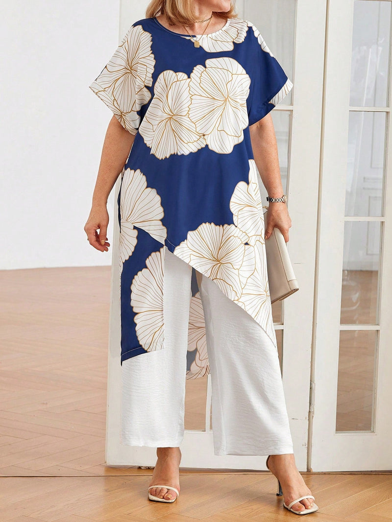 Conjunto com blusa estampada assimétrica Flavia