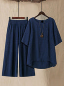 Conjunto camisa em gola redonda e calças de perna larga Ligía