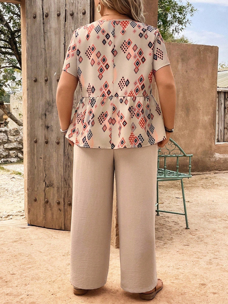 Conjunto Gola Redonda e Calça de Cor Sólida Gabs