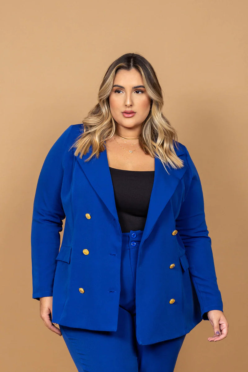 Blazer Elis Plus Size em Alfaiataria Azul
