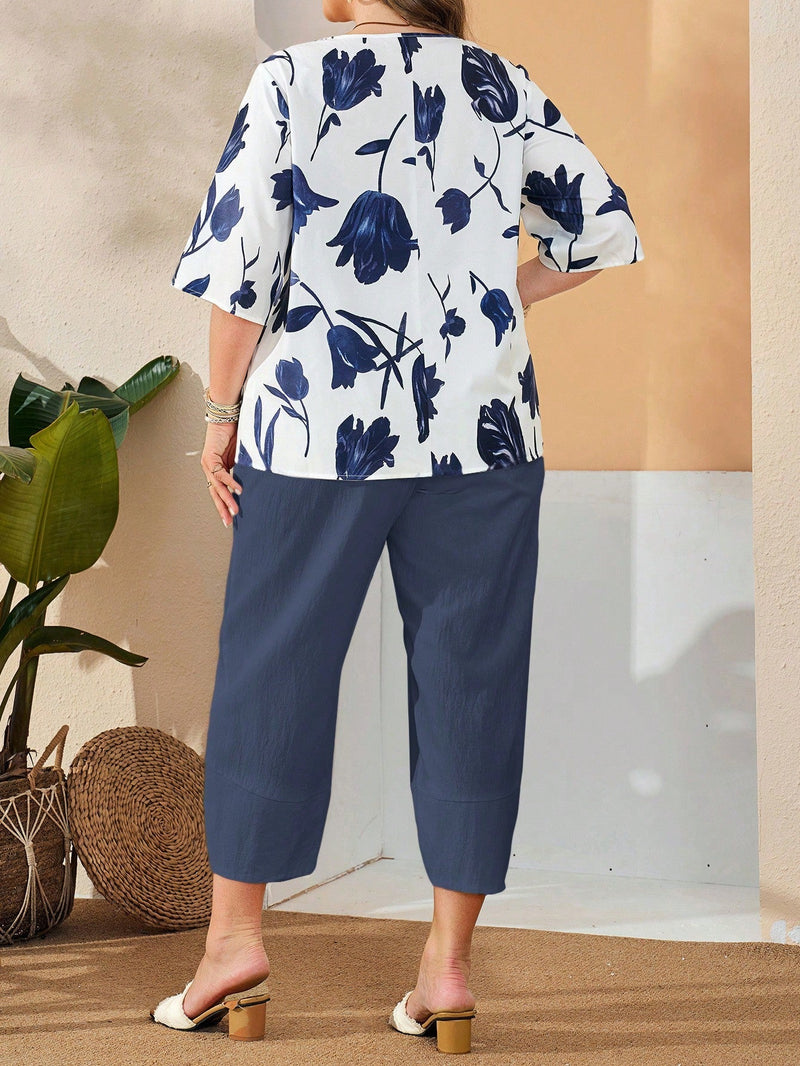 Conjunto Camisa com Estampa Floral e Calça Cropped Ivone