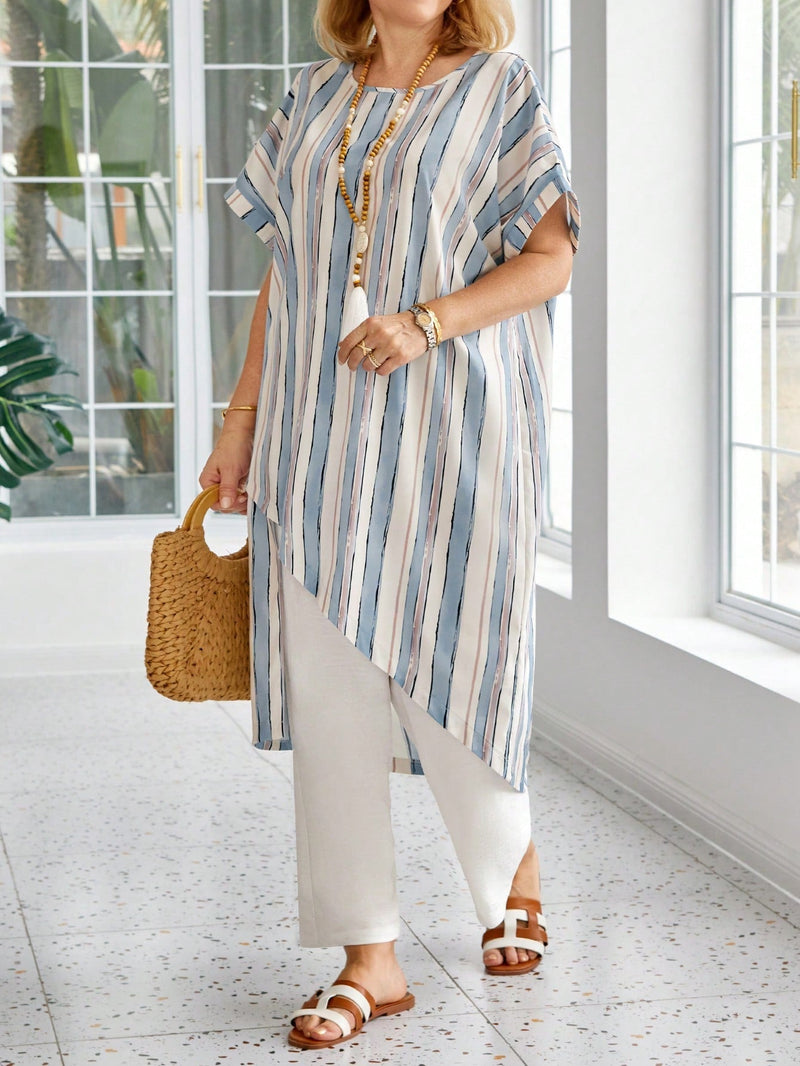 Conjunto com blusa estampada assimétrica Flavia