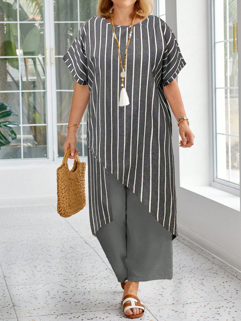 Conjunto com blusa estampada assimétrica Flavia