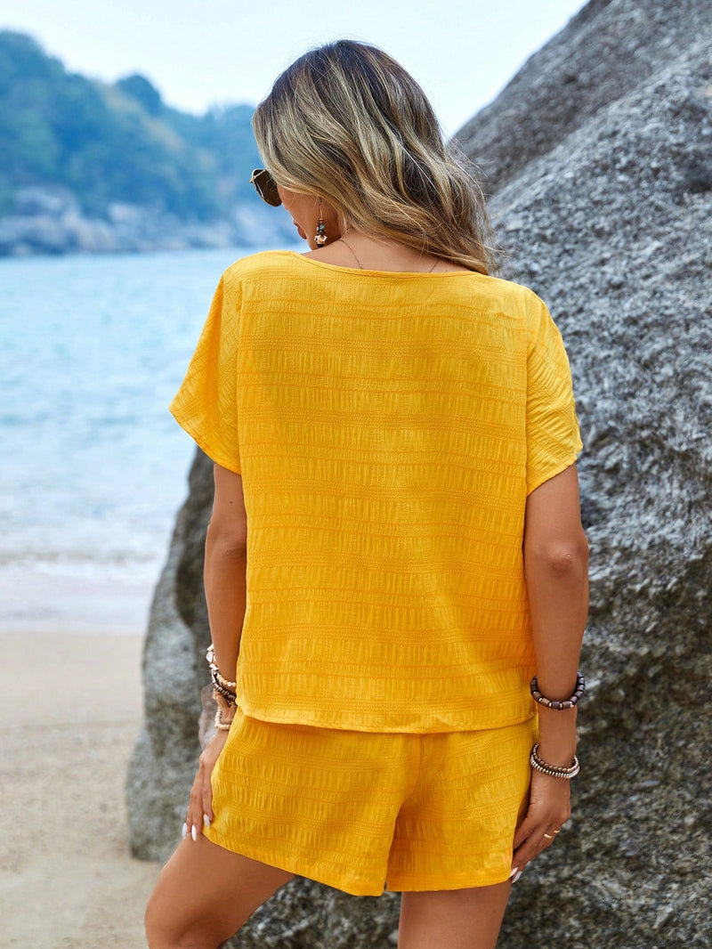 Conjunto Feminino texturizado de camiseta e short Marina