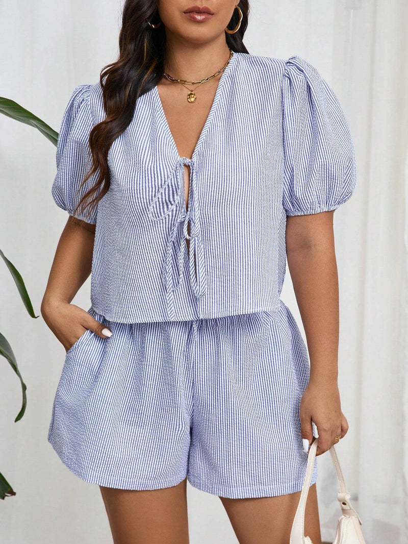Conjunto Plus Size Listrado de Verão com Camisa e Shorts Beatriz
