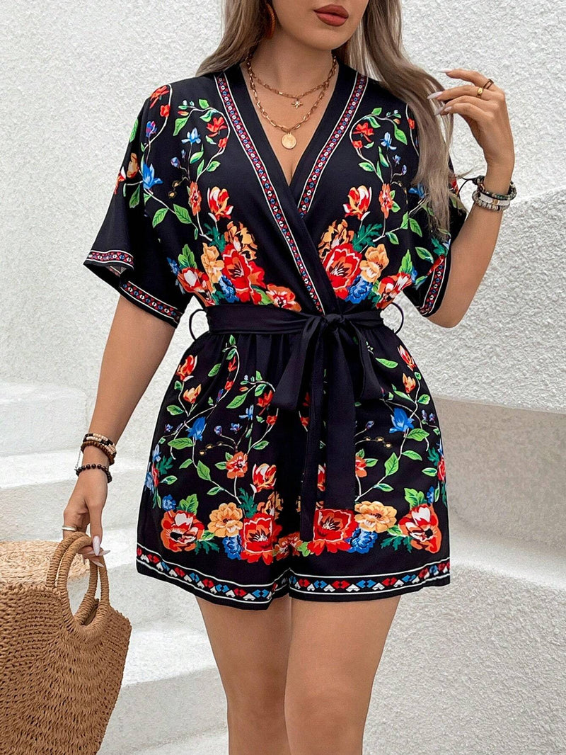 Macacão Estampado Floral com Decote V Anna